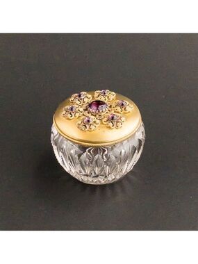 Vintage Zipper Glass Vanity Jar Purple Jeweled Filigree Ornate Gold Filled Lid